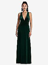 Front View Thumbnail - Evergreen Plunging Neckline Velvet Maxi Dress with Criss Cross Open-Back