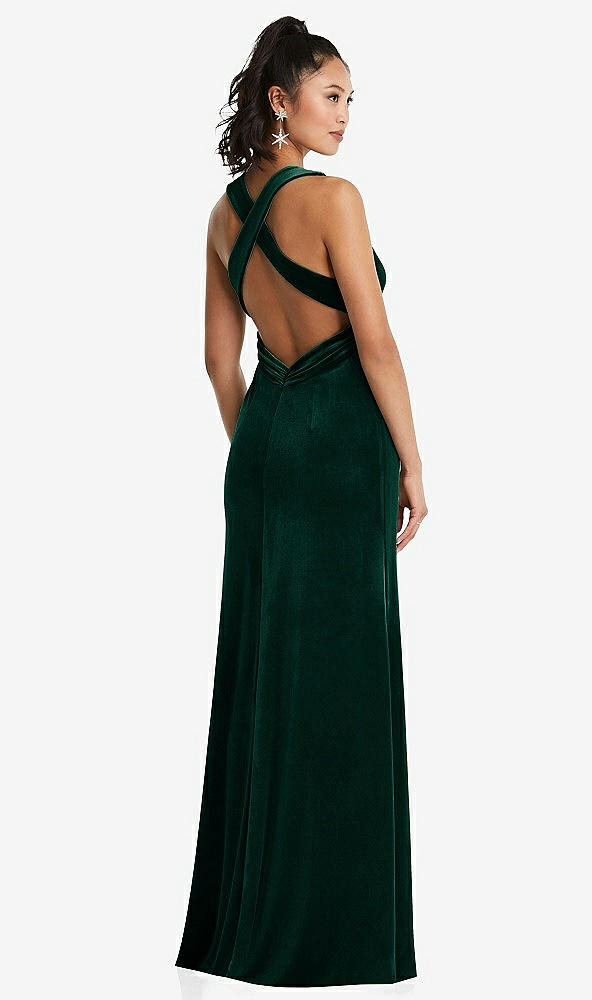 Back View - Evergreen Plunging Neckline Velvet Maxi Dress with Criss Cross Open-Back