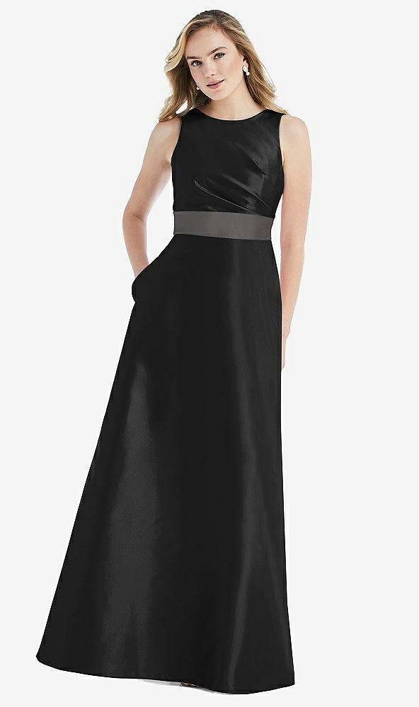 Front View - Black & Caviar Gray High-Neck Asymmetrical Shirred Satin Maxi Dress with Pockets