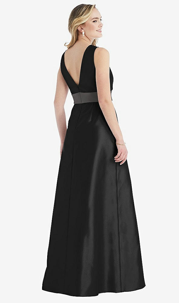 Back View - Black & Caviar Gray High-Neck Asymmetrical Shirred Satin Maxi Dress with Pockets