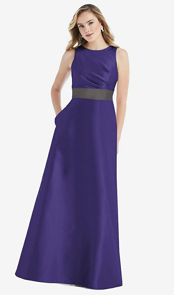 Front View - Grape & Caviar Gray High-Neck Asymmetrical Shirred Satin Maxi Dress with Pockets