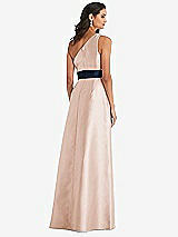 Alt View 3 Thumbnail - Cameo & Midnight Navy Draped One-Shoulder Satin Maxi Dress with Pockets