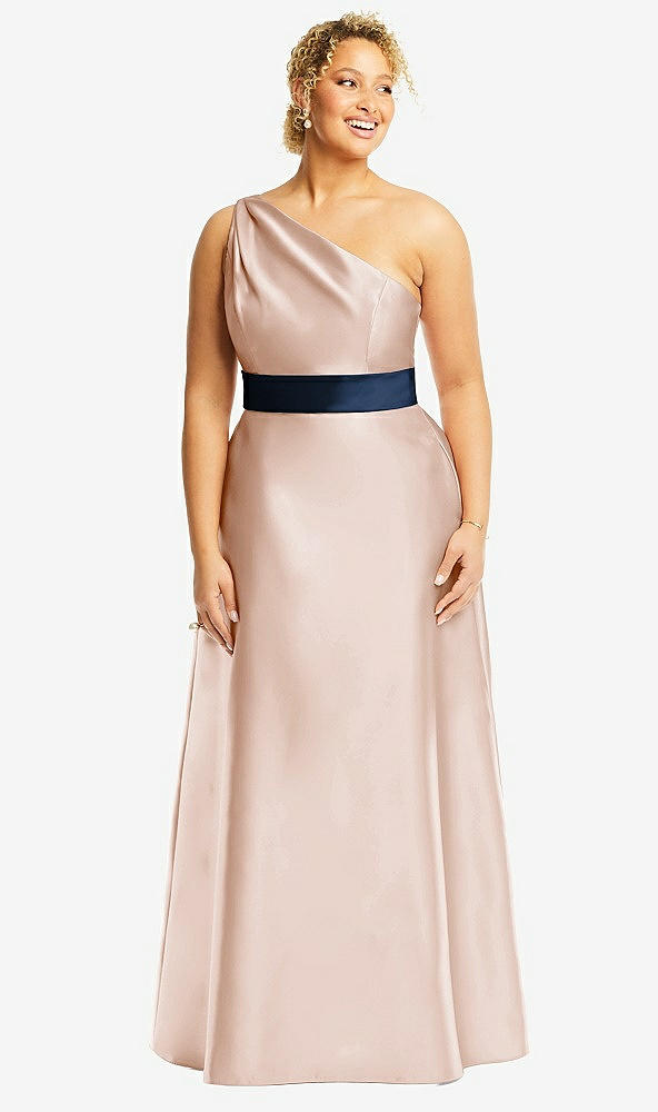 Front View - Cameo & Midnight Navy Draped One-Shoulder Satin Maxi Dress with Pockets