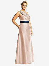 Side View Thumbnail - Cameo & Midnight Navy Draped One-Shoulder Satin Maxi Dress with Pockets