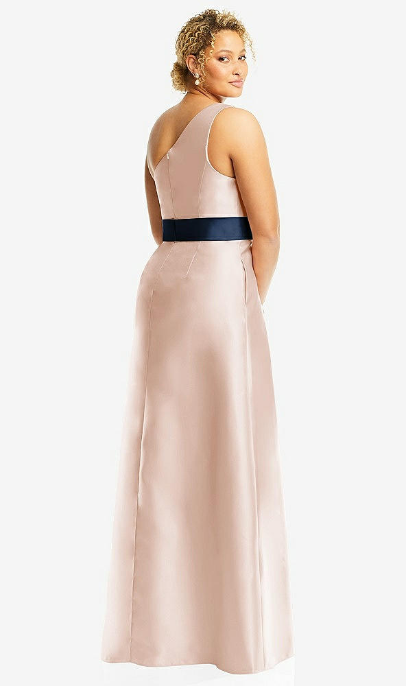Back View - Cameo & Midnight Navy Draped One-Shoulder Satin Maxi Dress with Pockets