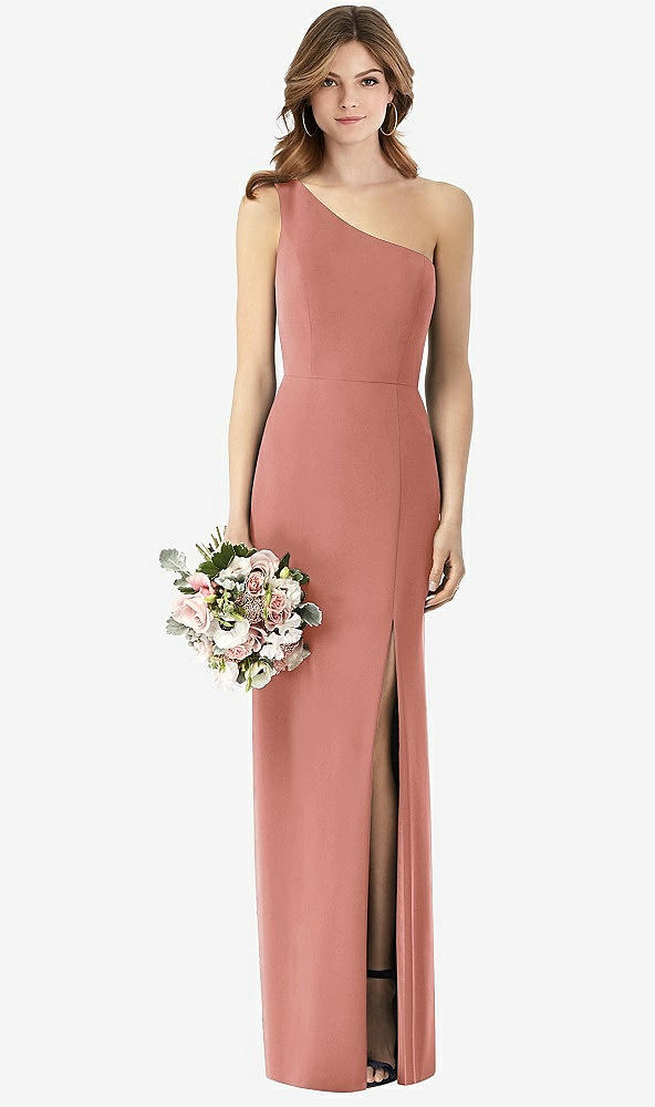 Front View - Desert Rose One-Shoulder Crepe Trumpet Gown with Front Slit