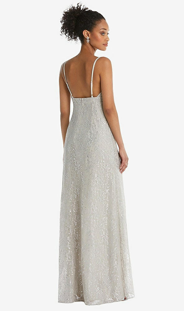 Back View - Oyster V-Neck Metallic Lace Maxi Dress with Adjustable Straps