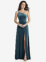 Front View Thumbnail - Dutch Blue One-Shoulder Spaghetti Strap Velvet Maxi Dress with Pockets