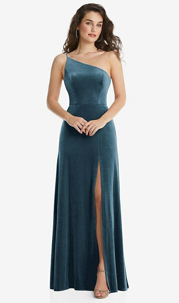 Front View - Dutch Blue One-Shoulder Spaghetti Strap Velvet Maxi Dress with Pockets