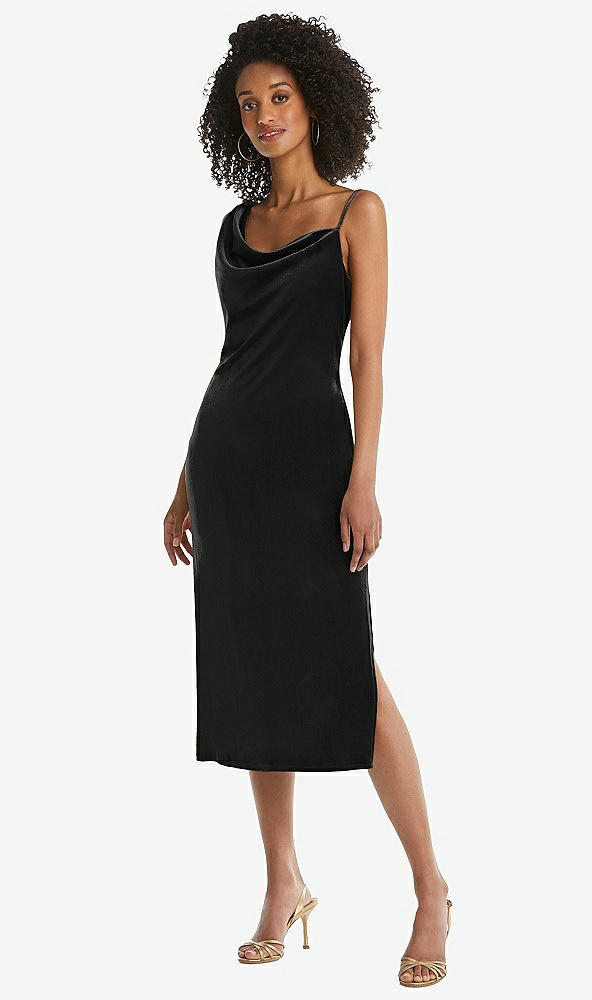 Front View - Black Asymmetrical One-Shoulder Velvet Midi Slip Dress