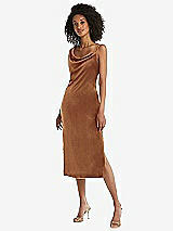 Front View Thumbnail - Golden Almond Asymmetrical One-Shoulder Velvet Midi Slip Dress