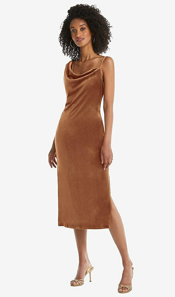 Front View - Golden Almond Asymmetrical One-Shoulder Velvet Midi Slip Dress
