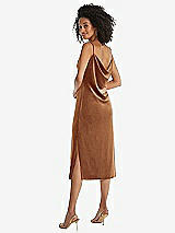 Rear View Thumbnail - Golden Almond Asymmetrical One-Shoulder Velvet Midi Slip Dress
