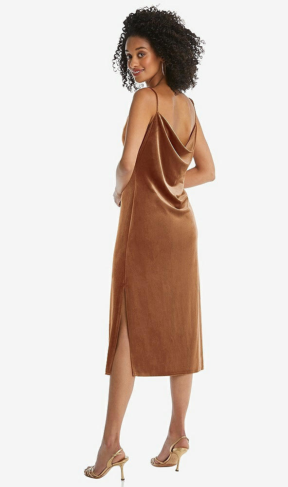 Back View - Golden Almond Asymmetrical One-Shoulder Velvet Midi Slip Dress