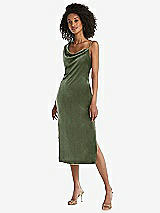 Front View Thumbnail - Sage Asymmetrical One-Shoulder Velvet Midi Slip Dress