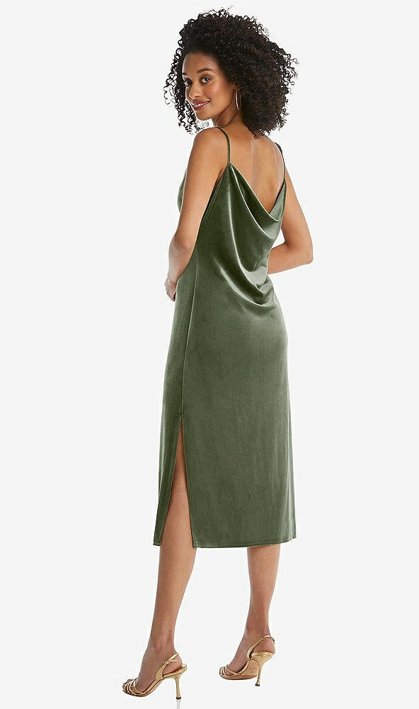 Back View - Sage Asymmetrical One-Shoulder Velvet Midi Slip Dress