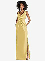 Front View Thumbnail - Maize Pleated Bodice Satin Maxi Pencil Dress with Bow Detail