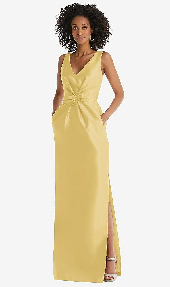 Front View - Maize Pleated Bodice Satin Maxi Pencil Dress with Bow Detail