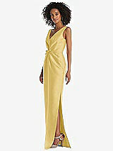 Side View Thumbnail - Maize Pleated Bodice Satin Maxi Pencil Dress with Bow Detail