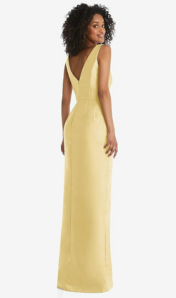 Back View - Maize Pleated Bodice Satin Maxi Pencil Dress with Bow Detail