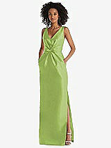 Front View Thumbnail - Mojito Pleated Bodice Satin Maxi Pencil Dress with Bow Detail