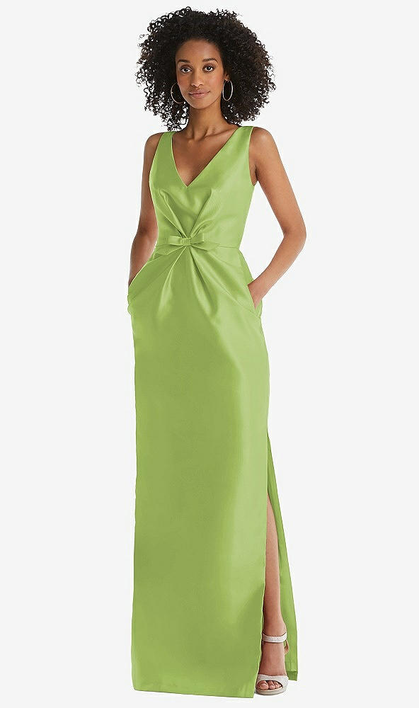Front View - Mojito Pleated Bodice Satin Maxi Pencil Dress with Bow Detail
