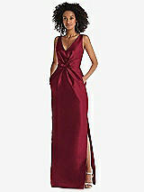Front View Thumbnail - Burgundy Pleated Bodice Satin Maxi Pencil Dress with Bow Detail