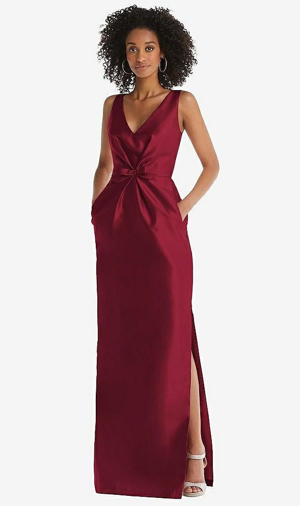 Front View - Burgundy Pleated Bodice Satin Maxi Pencil Dress with Bow Detail