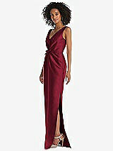 Side View Thumbnail - Burgundy Pleated Bodice Satin Maxi Pencil Dress with Bow Detail
