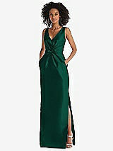 Front View Thumbnail - Hunter Green Pleated Bodice Satin Maxi Pencil Dress with Bow Detail