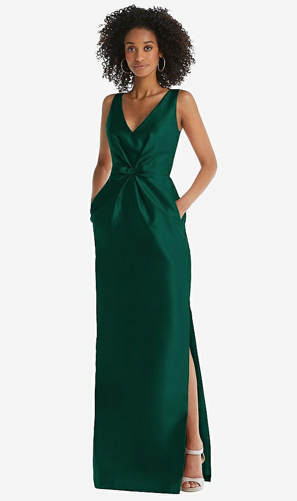 Front View - Hunter Green Pleated Bodice Satin Maxi Pencil Dress with Bow Detail