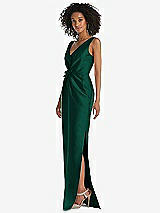 Side View Thumbnail - Hunter Green Pleated Bodice Satin Maxi Pencil Dress with Bow Detail
