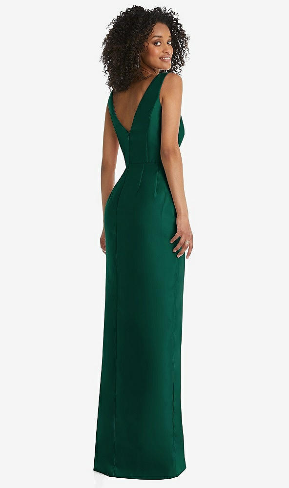 Back View - Hunter Green Pleated Bodice Satin Maxi Pencil Dress with Bow Detail