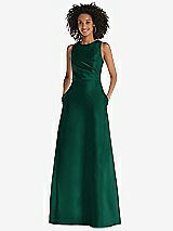 Front View Thumbnail - Hunter Green Jewel Neck Asymmetrical Shirred Bodice Maxi Dress with Pockets