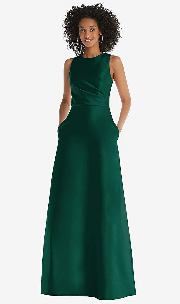 Front View - Hunter Green Jewel Neck Asymmetrical Shirred Bodice Maxi Dress with Pockets