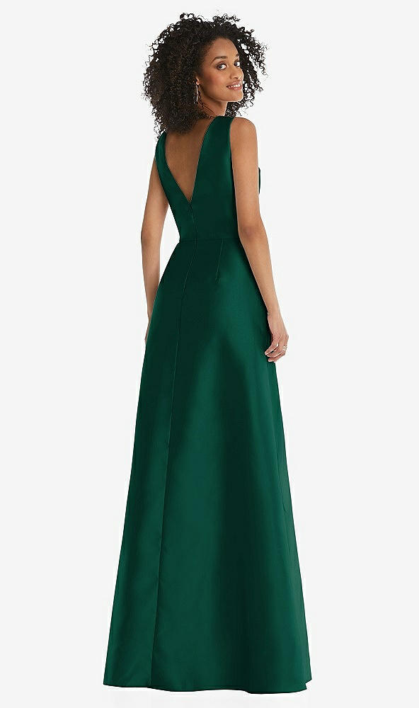 Back View - Hunter Green Jewel Neck Asymmetrical Shirred Bodice Maxi Dress with Pockets