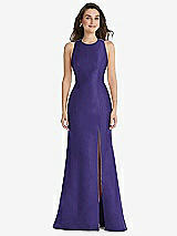 Front View Thumbnail - Grape Jewel Neck Bowed Open-Back Trumpet Dress with Front Slit
