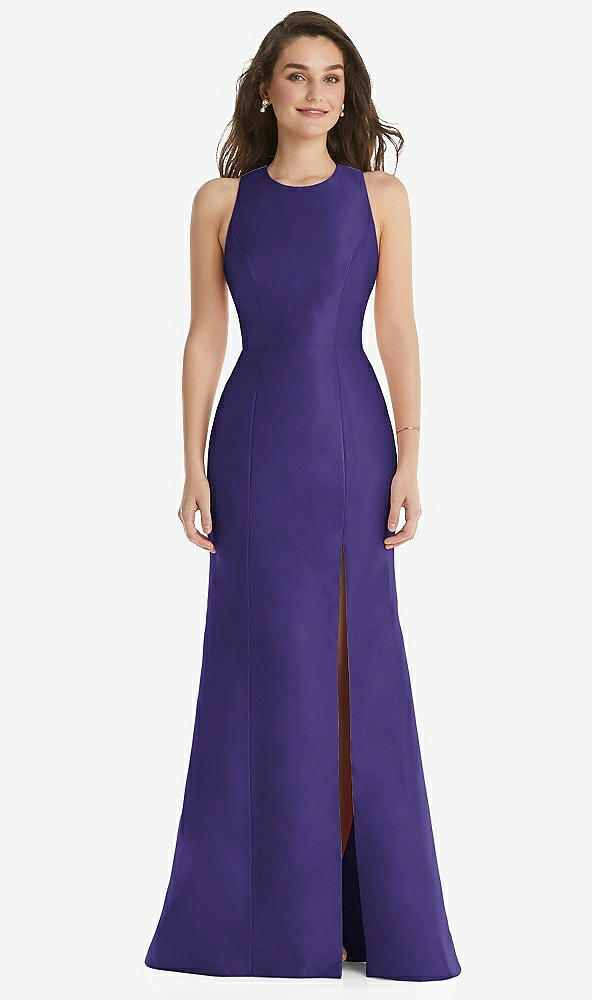 Front View - Grape Jewel Neck Bowed Open-Back Trumpet Dress with Front Slit