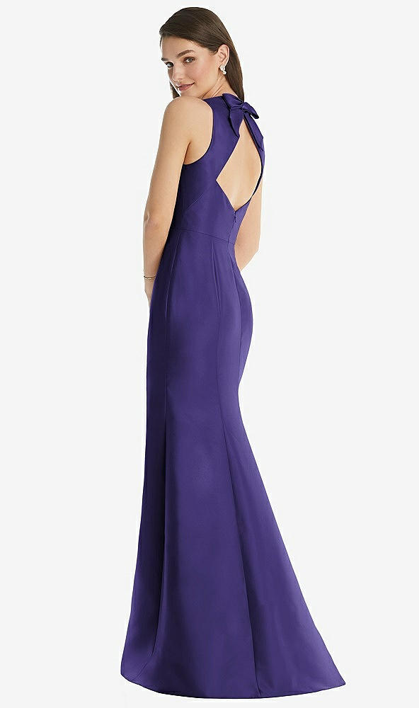 Back View - Grape Jewel Neck Bowed Open-Back Trumpet Dress with Front Slit