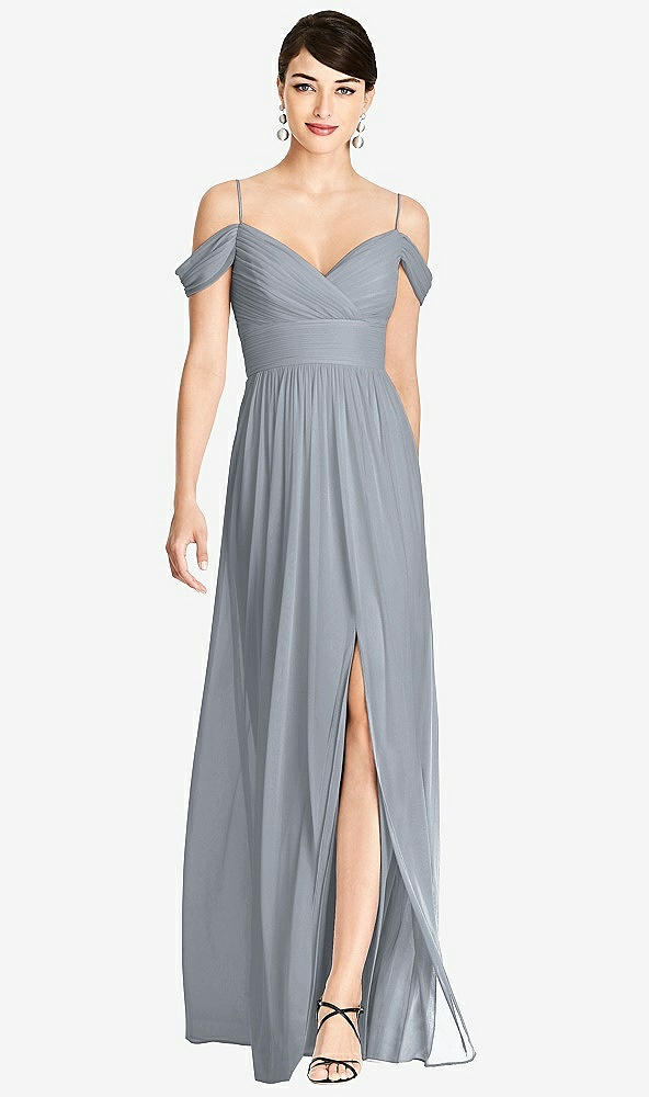 Front View - Platinum Pleated Off-the-Shoulder Crossover Bodice Maxi Dress