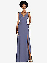 Front View Thumbnail - French Blue Square Low-Back A-Line Dress with Front Slit and Pockets