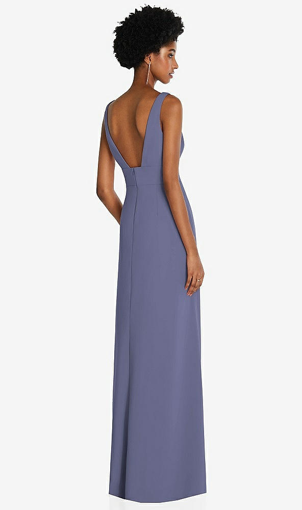 Back View - French Blue Square Low-Back A-Line Dress with Front Slit and Pockets