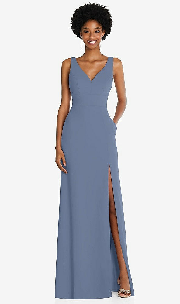 Front View - Larkspur Blue Square Low-Back A-Line Dress with Front Slit and Pockets