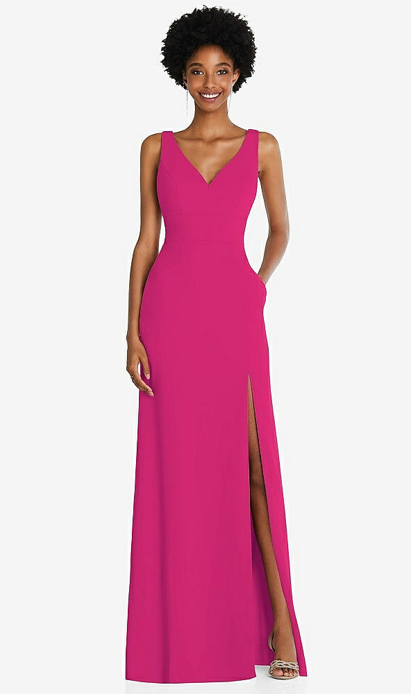 Front View - Think Pink Square Low-Back A-Line Dress with Front Slit and Pockets