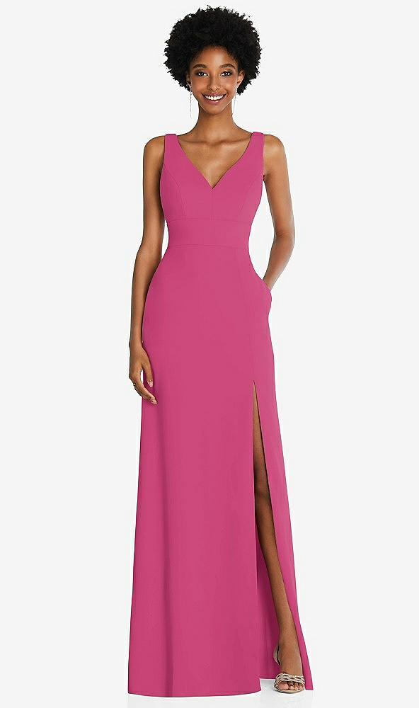 Front View - Tea Rose Square Low-Back A-Line Dress with Front Slit and Pockets
