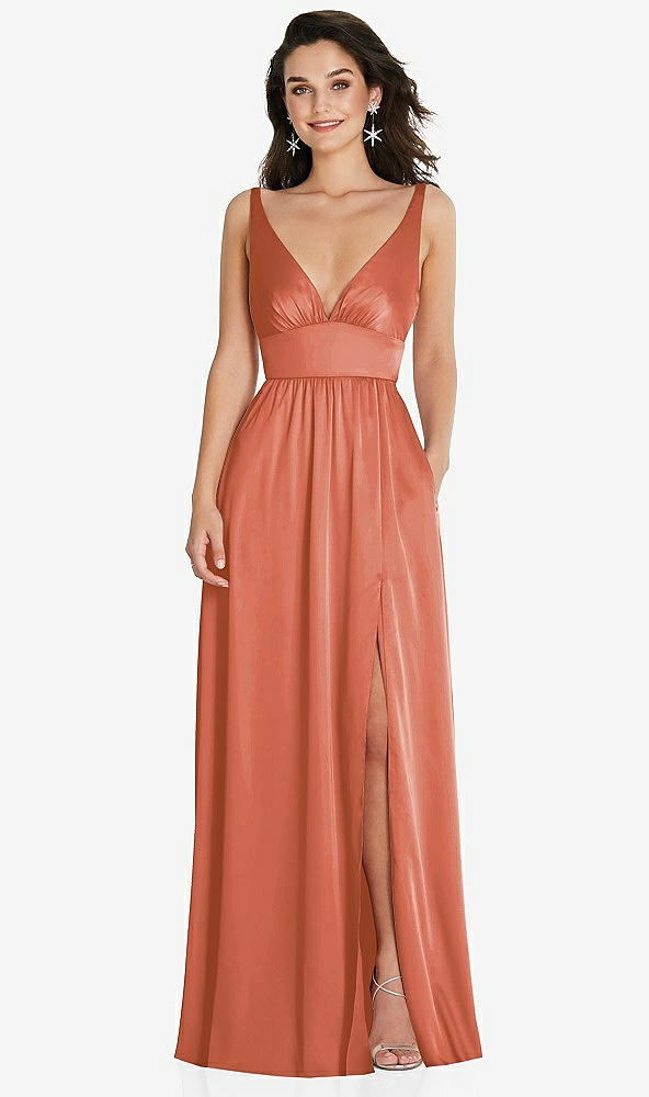 Front View - Terracotta Copper Deep V-Neck Shirred Skirt Maxi Dress with Convertible Straps