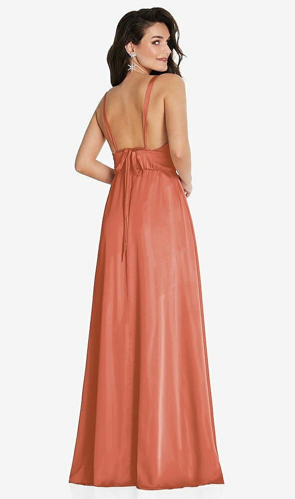 Back View - Terracotta Copper Deep V-Neck Shirred Skirt Maxi Dress with Convertible Straps