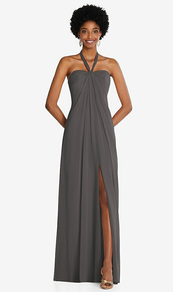 Front View - Caviar Gray Draped Chiffon Grecian Column Gown with Convertible Straps