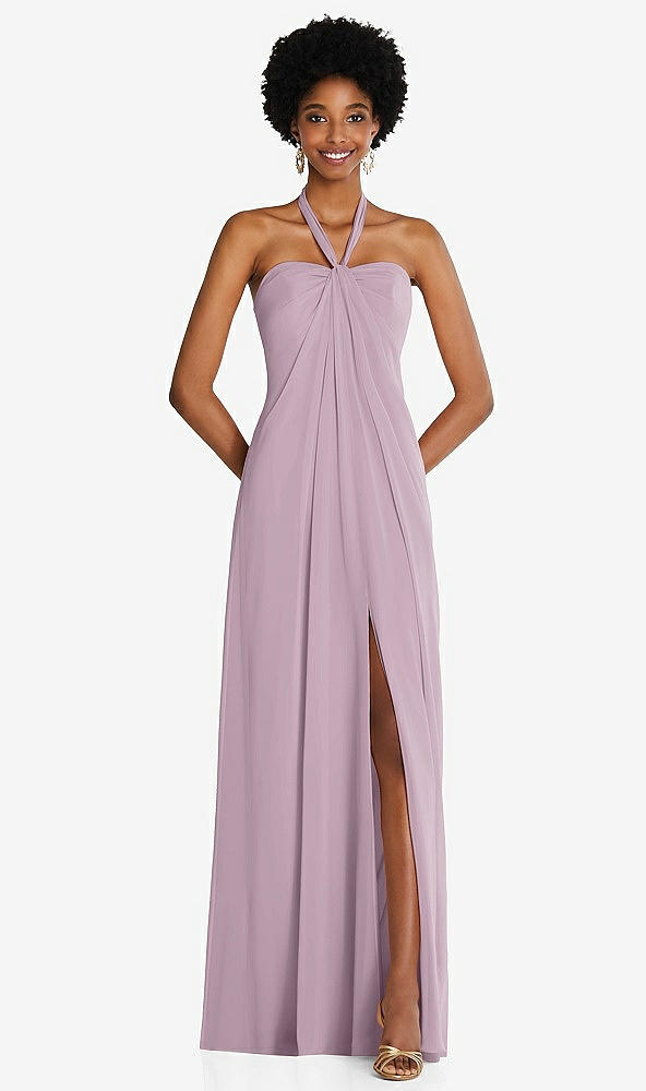 Front View - Suede Rose Draped Chiffon Grecian Column Gown with Convertible Straps