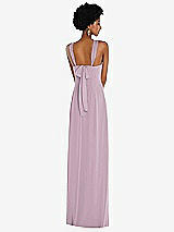 Rear View Thumbnail - Suede Rose Draped Chiffon Grecian Column Gown with Convertible Straps